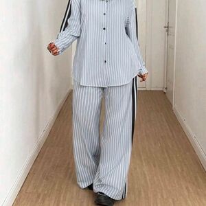 SHEIN Blue Striped Wide Leg Jumpsuit